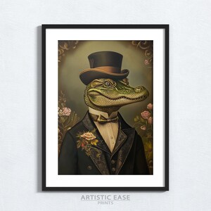 Vintage Victorian Portrait of Mr. Alligator - Cottagecore Animal Wall Art Decor, Alligator Art Print, Victorian Wall Art, Goblincore Decor