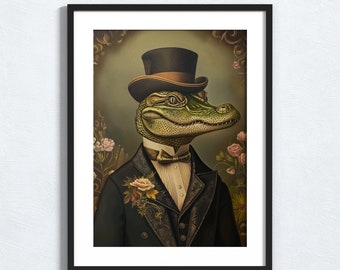 Vintage Victorian Portrait of Mr. Alligator - Cottagecore Animal Wall Art Decor, Alligator Art Print, Victorian Wall Art, Goblincore Decor