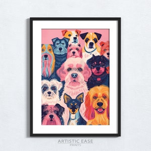 Póster de perro preppy, arte mural maximalista con estética kitsch rosa, decoración de dopamina, arte mural imprimible moderno y adorable, arte mural imprimible de perro.