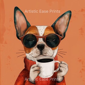 May include: A cartoon illustration of a dog wearing sunglasses and a red sweater, holding a white mug of coffee. The dog has brown, white, and black fur. The background is a solid orange color.