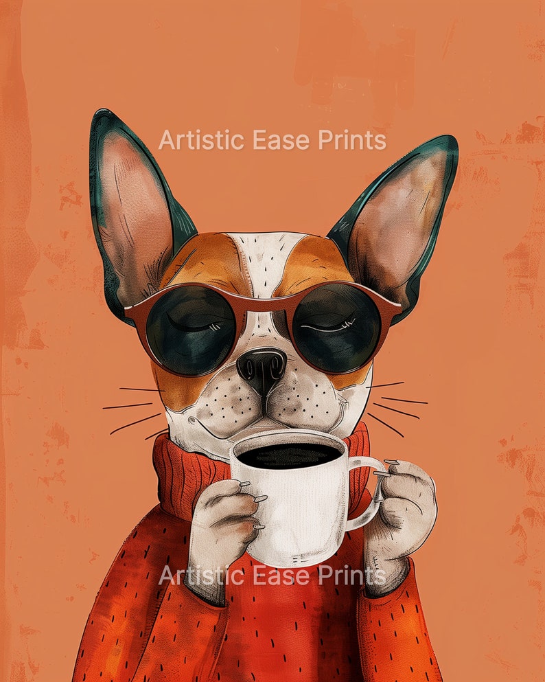 May include: A cartoon illustration of a dog wearing sunglasses and a red sweater, holding a white mug of coffee. The dog has brown, white, and black fur. The background is a solid orange color.