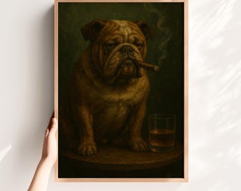 Arte mural de bulldog con humor negro, pintura de perro con cigarro, impresión de bulldog con whisky melancólico, retrato vintage de mascota, descarga digital