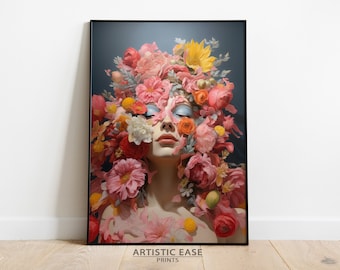 Floral Woman Art Print: Blooming Flower Head Poster (Digital Download)