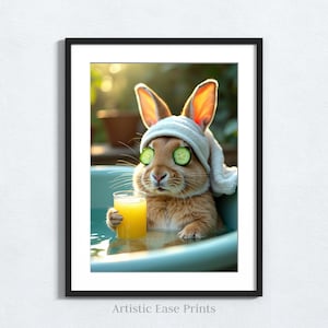 Impresión divertida de conejo en la bañera, arte mural de animales para baño, regalo de inauguración de la casa, decoración humorística del hogar, póster con estampado de animales para la bañera