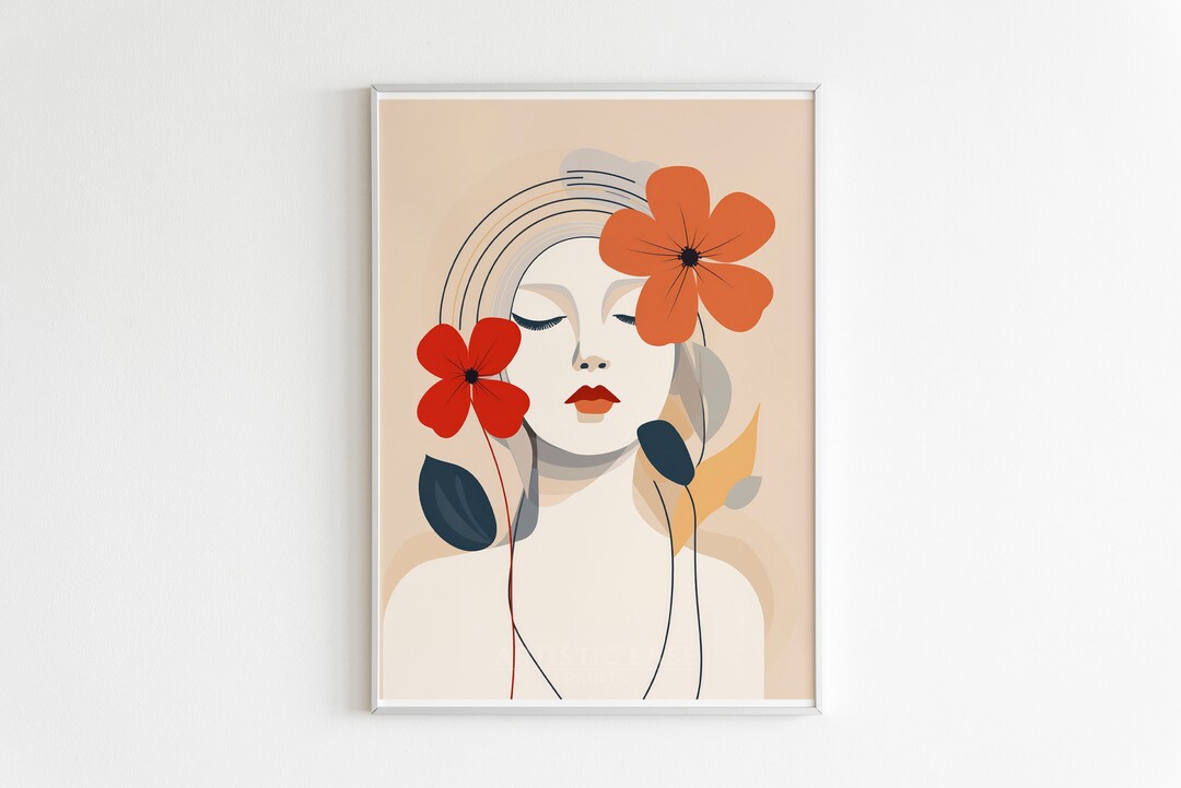 Floral Woman Art, Abstract Woman Print, Female Line Art, Boho Woman Line Drawing, Floral