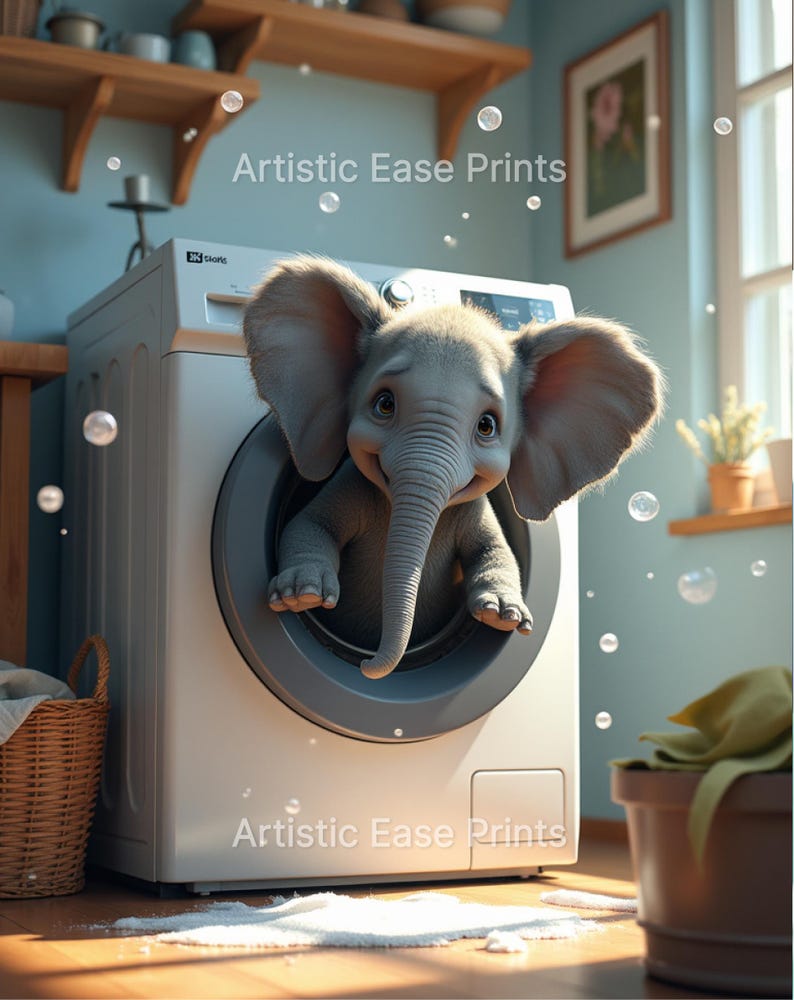 Elephant Laundry Room Art Prints: Whimsical Animal Decor (digital ...