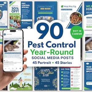 90 całorocznych postów w mediach społecznościowych o zwalczaniu szkodników, szablony Canva dla profesjonalistów od zwalczania szkodników, gotowe na Instagram i Facebook, natychmiastowe pobranie, w kolorze niebieskim i zielonym