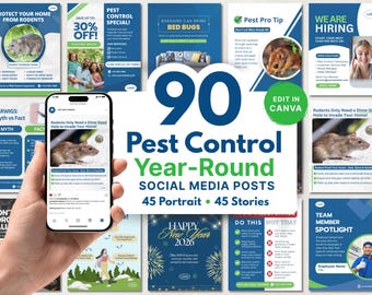 90 socialemediaposts het hele jaar door, canva-sjablonen voor plaagprofessionals, klaar voor Instagram en Facebook, direct downloaden, blauw en groen