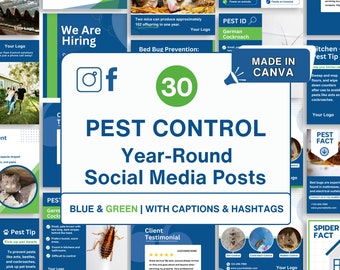 Pest Control Social Media Posts for Instagram and Facebook | Blue and Green| Made in Canva | Pest Templates | Instant Download