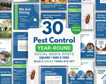 30 socialemediaposts het hele jaar door, canvasjablonen voor plaagprofessionals, vierkant 1080 x 1080, blauw en groen, direct downloaden