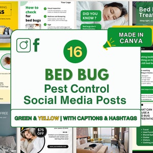 Pest Control Social Media Templates, Bed Bugs, Canva Templates for Instagram and Facebook, Green and Yellow, Digital Download, Bed Bug Facts