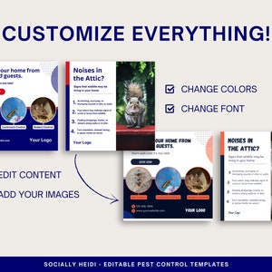 Two blue and red designs and two alternate designs show how text, colors, and photos can be customized to your pest control company brand, colors, and fonts.