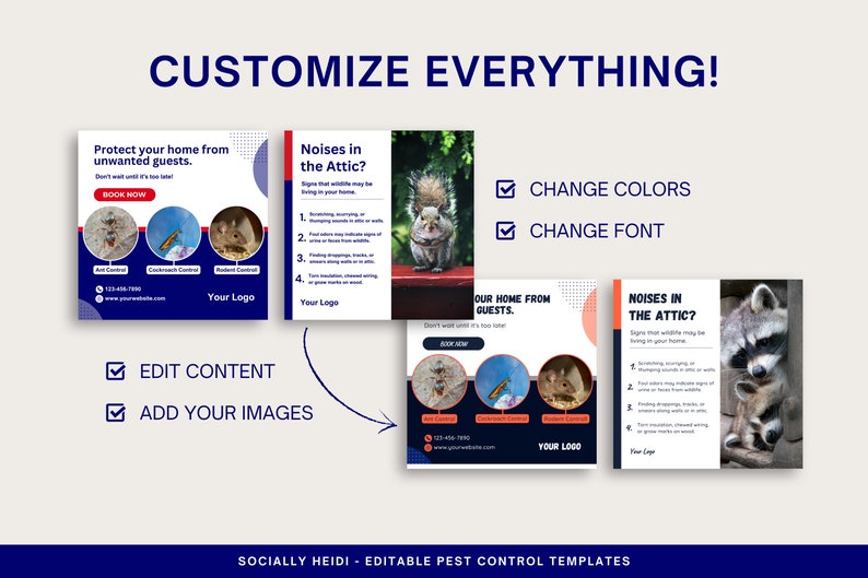 Two blue and red designs and two alternate designs show how text, colors, and photos can be customized to your pest control company brand, colors, and fonts.