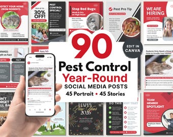 90 socialemediaposts het hele jaar door, canva-sjablonen voor plaagprofessionals, klaar voor Instagram en Facebook, rood en zwart, direct downloaden