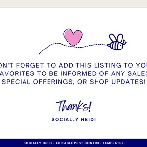 Thank you note with cute flying honey bee and pink heart for spring asking to save my shop in Favorites for updates to new pest control template products and sales.