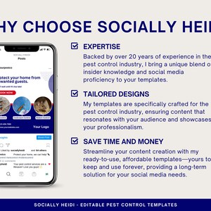 An iPhone illustrating how your blue and red social media template will look when posted to Instagram. Explains the benefits of choosing Socially Heidi: expertise, and tailored designs, while saving time and money