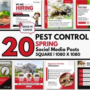 Publicaciones de control de plagas de primavera para redes sociales en Instagram y Facebook, rojo y negro, hechas en Canva, descarga instantánea, plantillas de control de plagas, exterminador