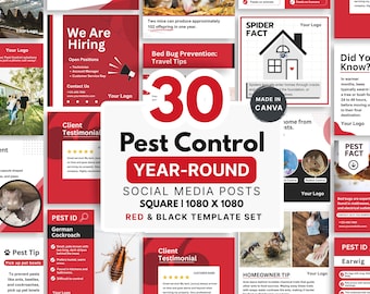 30 socialemediaposts het hele jaar door, canva-sjablonen voor plaagprofessionals, vierkant 1080 x 1080, rood en zwart, direct downloaden