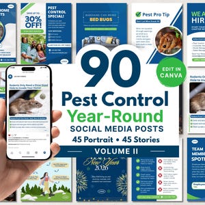 90 Pest Control Year-Round Social Media Posts, Canva Templates for Pest Pros, Instagram and Facebook Ready, Instant Download, Blue and Green
