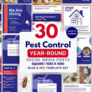 Title image showing “30 Pest Control Year-Round Social Media Templates” in blue and red with a white banner over a collage of pest control posts. Editable Canva templates for pest pros.