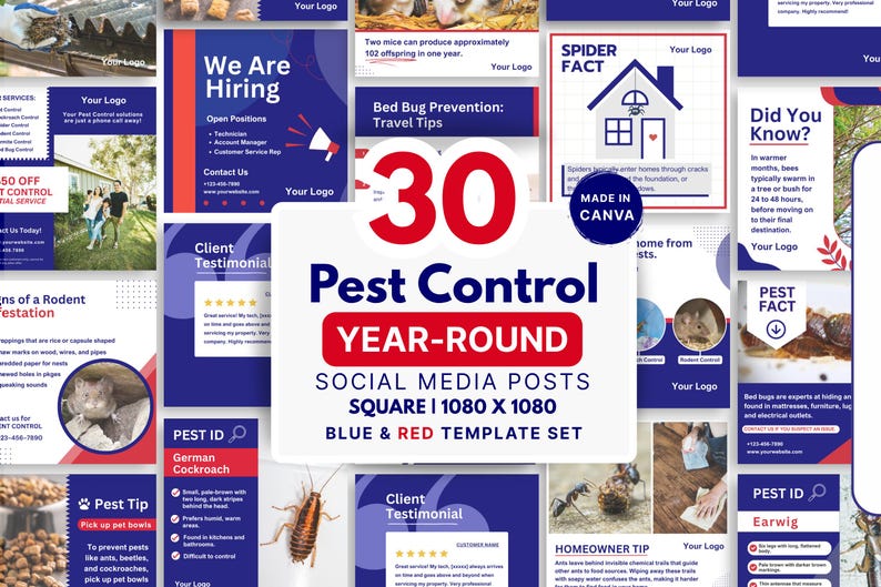 Title image showing “30 Pest Control Year-Round Social Media Templates” in blue and red with a white banner over a collage of pest control posts. Editable Canva templates for pest pros.