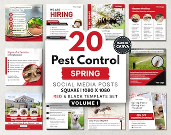 Spring Pest Control Social Media Templates: Canva Editable Posts, Red and Black
