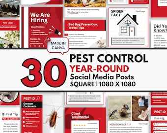 30 Pest Control Year-Round Social Media Posts, Canva Templates for Pest Pros, Square Size 1080 x 1080, Red and Black, Instant Download