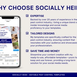 An iPhone illustrating how your blue and red social media template will look when posted to Instagram. Explains the benefits of choosing Socially Heidi: expertise, and tailored designs, while saving time and money