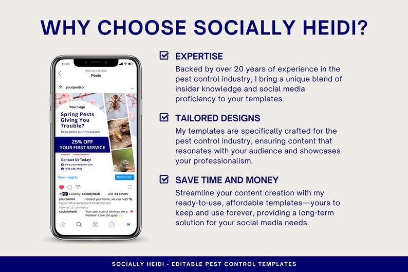 An iPhone illustrating how your blue and red social media template will look when posted to Instagram. Explains the benefits of choosing Socially Heidi: expertise, and tailored designs, while saving time and money