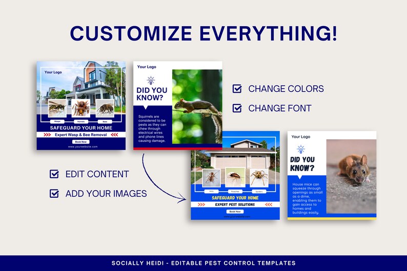 Two blue and red designs show how text, colors, and photos can be customized to your pest control company brand colors, photos, and fonts in the free version of Canva. The outcome is two bright blue and yellow designs with different photos & text.