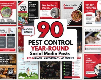 90 Pest Control Year-Round Social Media Posts, Canva Templates for Pest Pros, Instagram and Facebook Ready, Red and Black, Instant Download