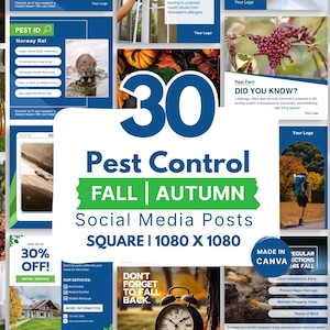 30 Pest Control Fall/Autumn Social Media Posts, Canva Templates for Pest Pros, Square Size 1080 x 1080, Green and Blue, Instant Download