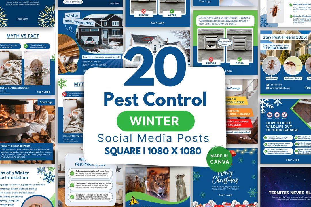 20 Winter Pest Control Social Media Posts, Square 1080x1080, Blue and ...