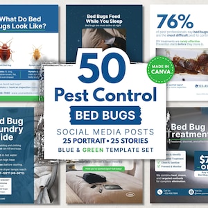 May include: A collection of blue and green social media posts about bed bug pest control. The posts include information on identifying bed bugs, laundry guidelines, and treatment options. The text includes "50 Pest Control Bed Bugs" and "Made in Canva."