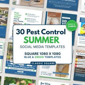 30 Pest Control Summer Social Media Posts, Canva Templates for Pest Pros, Square Size 1080 x 1080, Blue and Green, Instant Download