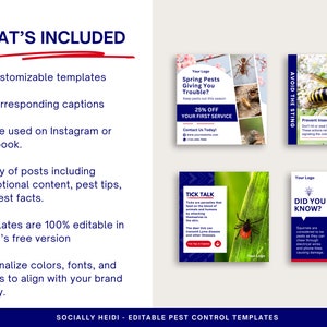 Four stylish blue and red pest control designs explaining what is included with purchase: 20 captions plus 20 versatile post variety for Instagram or Facebook. Fully editable templates in Canva.