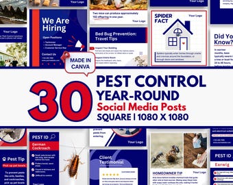 30 Pest Control Year-Round Social Media Posts, Canva Templates for Pest Pros, Square Size 1080 x 1080, Blue and Red, Instant Download