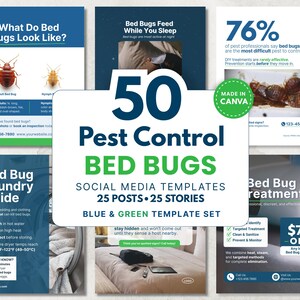 50 Bed Bug Social Media Templates, Pest Control Graphics, Blue and Green, Edit in Canva, Instagram and Facebook, Posts and Stories