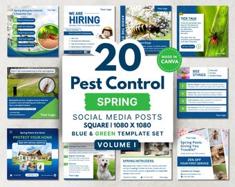 20 Pest Control Spring Social Media Posts, Canva Templates, Square 1080 x 1080