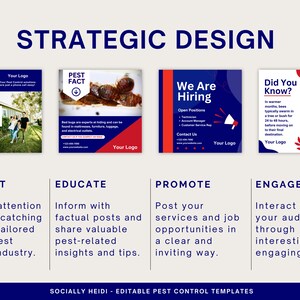 Four blue and red pest control templates showcasing how you can attract, educate, promote, and engage on social media with my variety of templates.