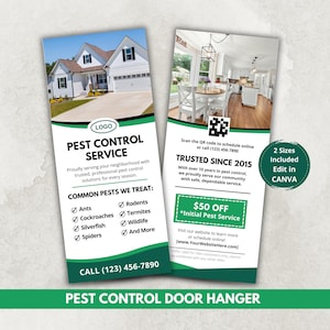 Szablon wieszaka na drzwi z hasłem „Zwalczanie szkodników”, edytowalny przód i tył w Canva, 2 rozmiary, zielony i czarny, kod QR, pobieranie cyfrowe, sprzedaż bezpośrednia