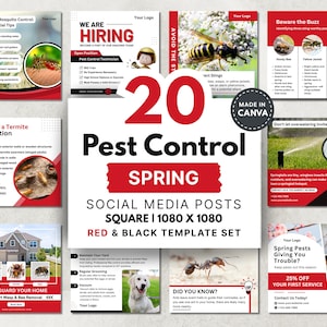 Mallar för sociala medier för skadedjursbekämpning på våren: Canva-redigerbara inlägg, rött och svart