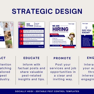 Four blue and red pest control templates showcasing how you can use these templates as social media posts to attract, educate, promote, and engage on with your audience.