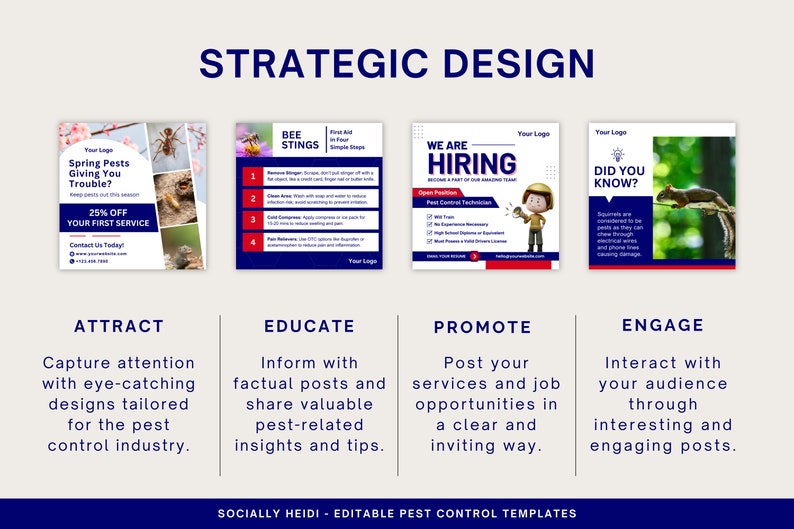 Four blue and red pest control templates showcasing how you can use these templates as social media posts to attract, educate, promote, and engage on with your audience.