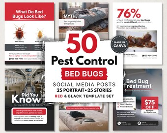 50 Bed Bug Social Media Templates, Pest Control Graphics, Red and Black, Edit in Canva, Instagram and Facebook, Posts and Stories
