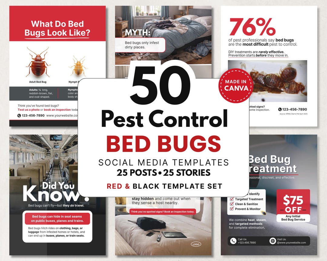 50 Bed Bug Social Media Templates, Pest Control Graphics, Red and Black ...