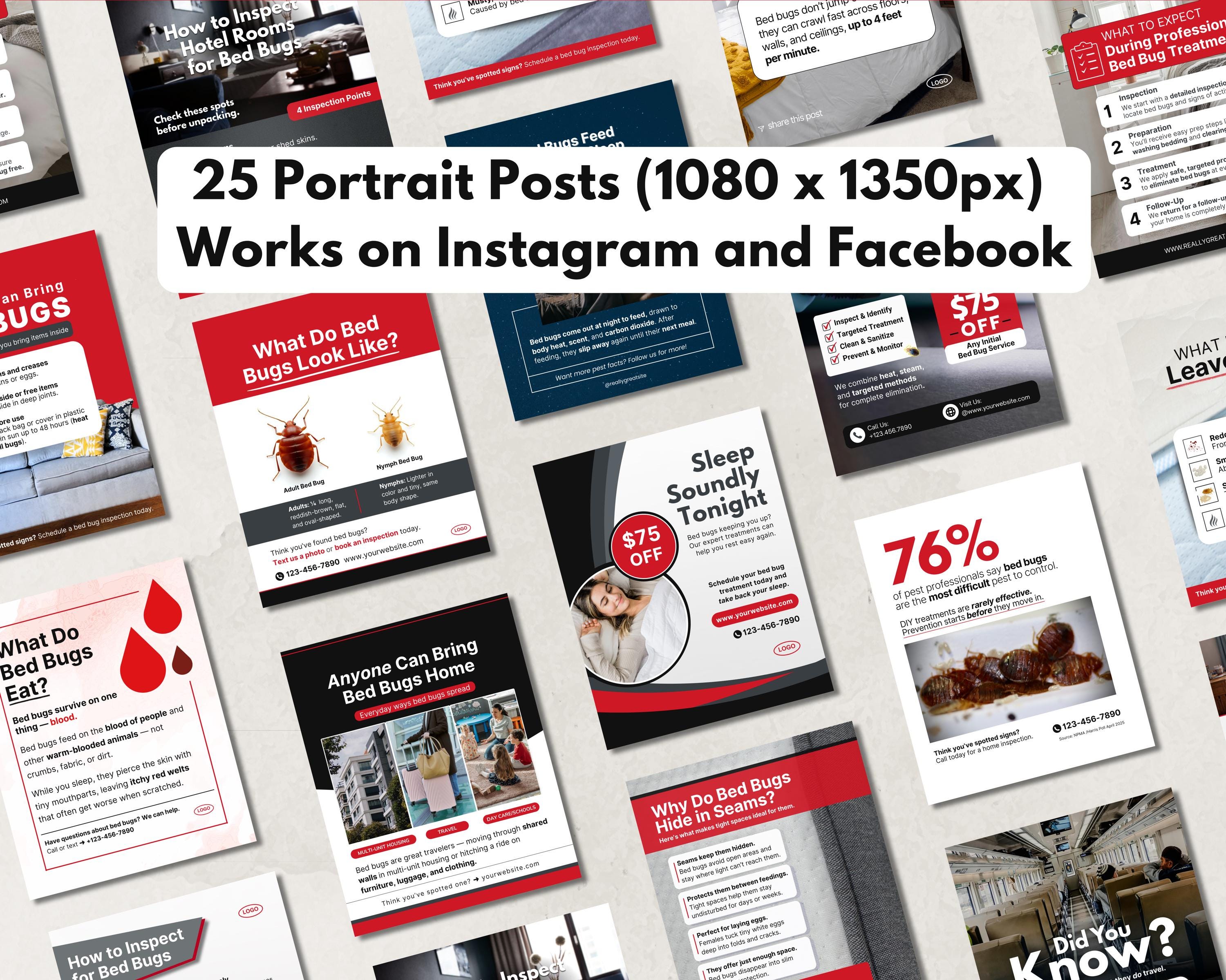 50 Bed Bug Social Media Templates, Pest Control Graphics, Red and Black ...