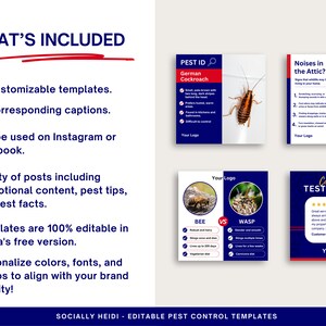 Four stylish blue and red pest control designs explaining what is included with purchase: captions, versatile post variety for Instagram or Facebook—fully editable templates in Canva.