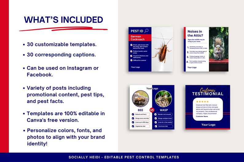 Four stylish blue and red pest control designs explaining what is included with purchase: captions, versatile post variety for Instagram or Facebook—fully editable templates in Canva.