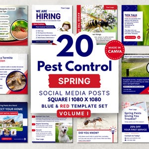 Spring pest control social media templates Volume I blue and red Canva template set for pest control companies square Instagram posts mosquito tick hiring seasonal marketing graphics